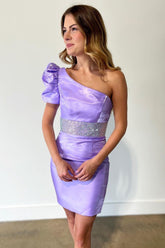 Bodycon One Shoulder Purple/Fuchsia Short Homecoming Dress with Beading